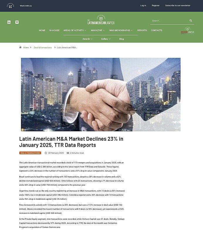 Latin American M&A Market Declines 23% in January 2025, TTR Data Reports